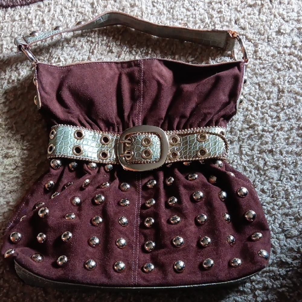 Kathy Van Zeeland Brown Studded Shoulder Bag